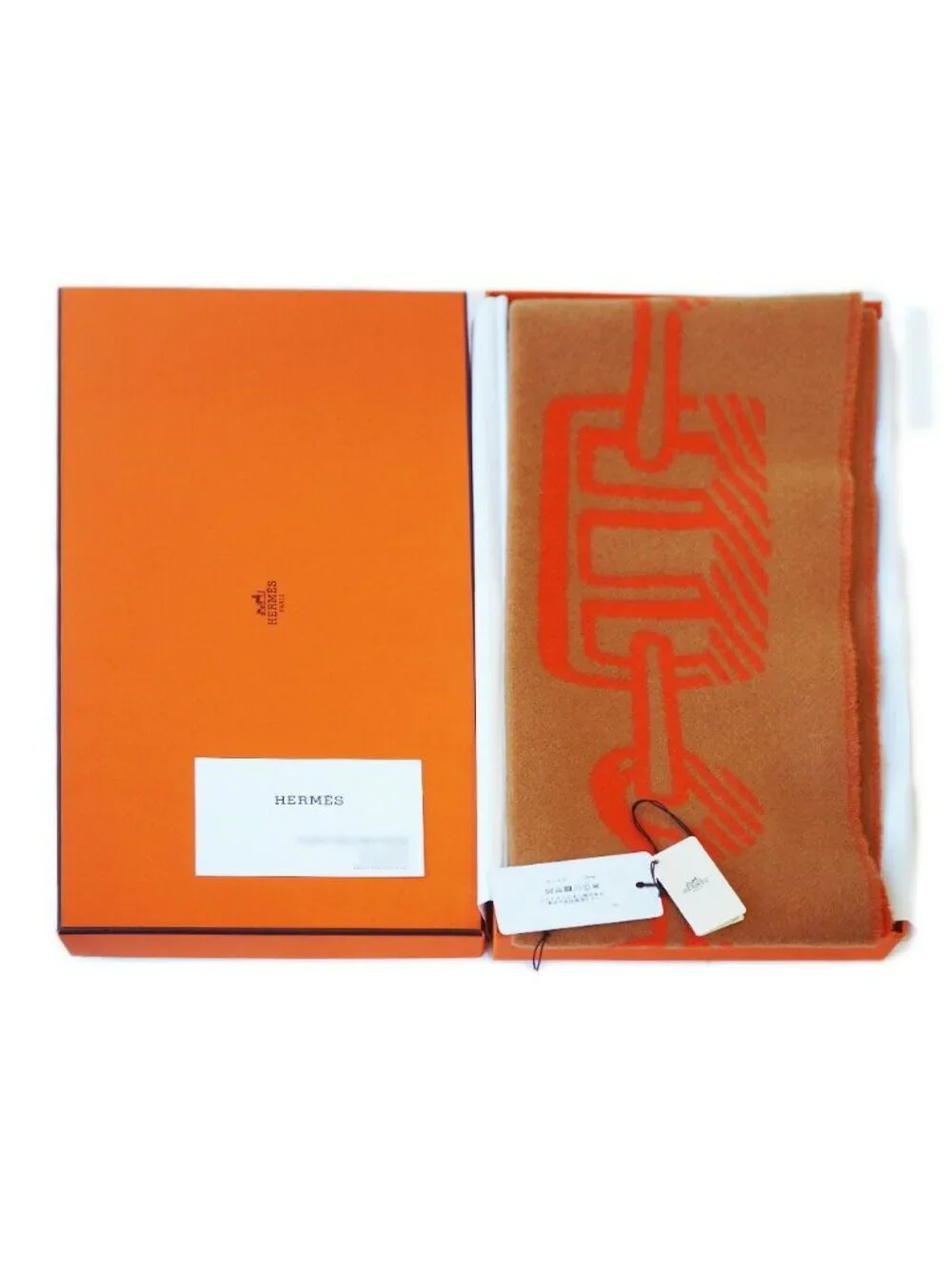 Hermes Scarf Fringe Beige Orange Dore Buckle Cashmere 100%